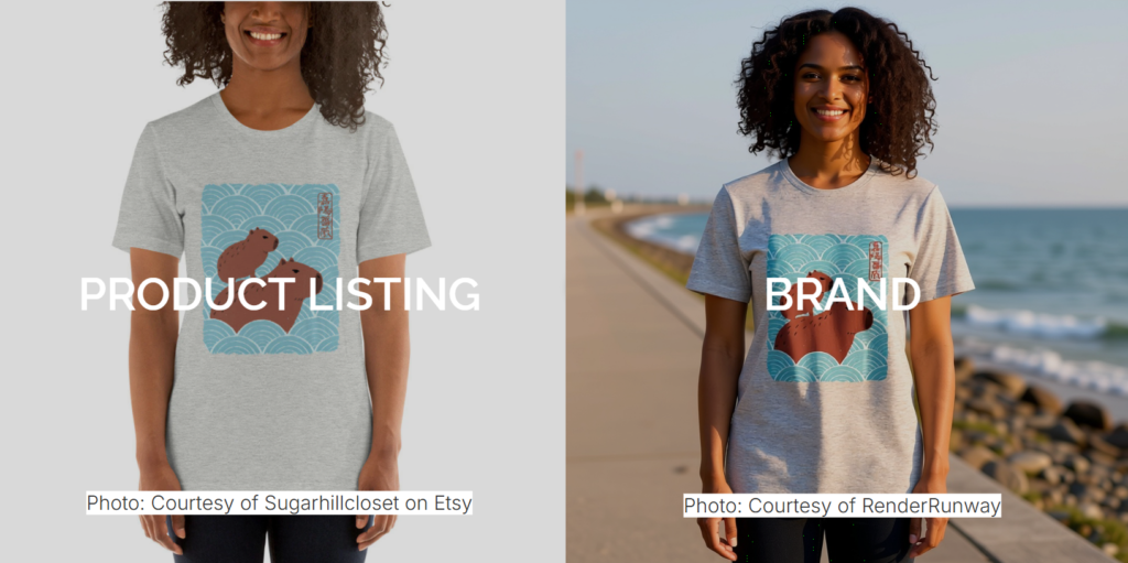 Side-by-side comparison of a flat-lay POD mockup versus a lifestyle model photo created in RenderRunway, for print on demand clothing brand
