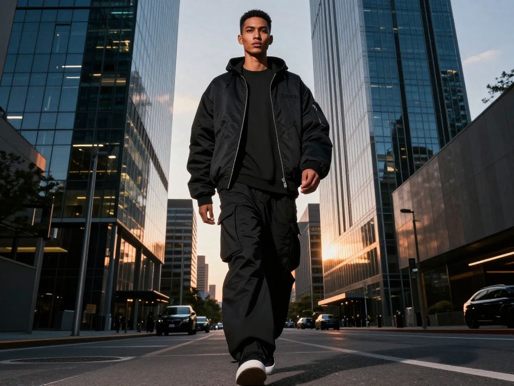 A high-end streetwear campaign photoshoot featuring a confident model in a futuristic urban setting, captured with dramatic sunset lighting and editorial fashion style.